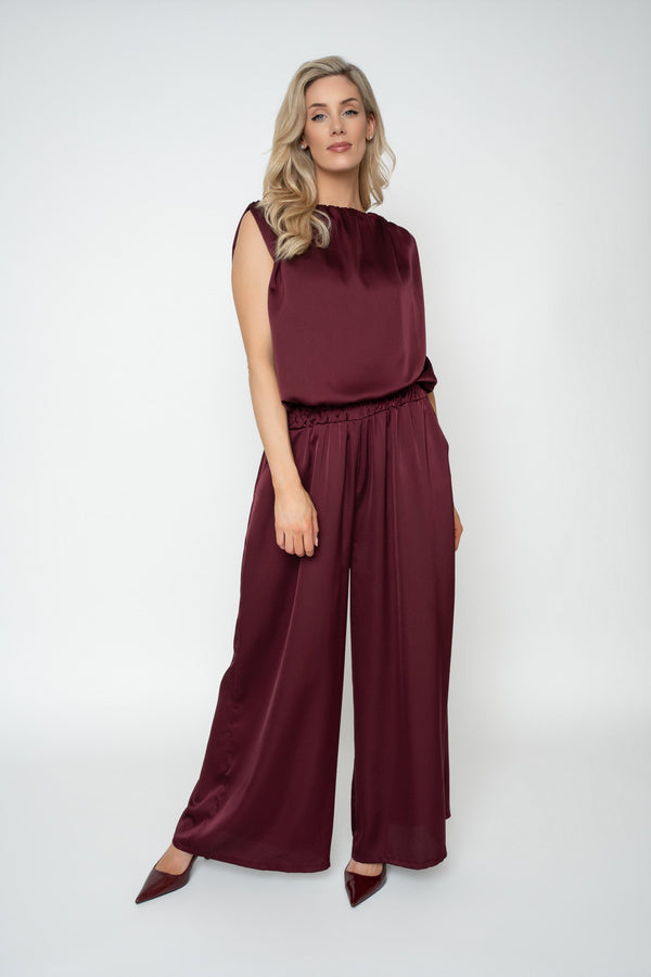 Carraig Donn Burgundy Sateen Wide Leg Trousers