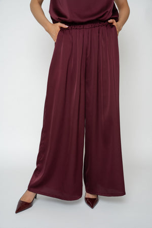 Carraig Donn Burgundy Sateen Wide Leg Trousers