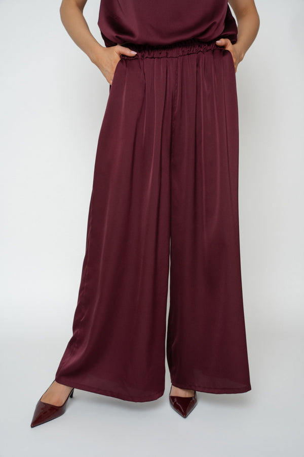 Carraig Donn Burgundy Sateen Wide Leg Trousers