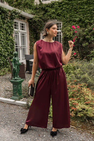 Carraig Donn Burgundy Sateen Wide Leg Trousers
