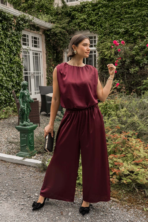 Burgundy Sateen Wide Leg Trousers