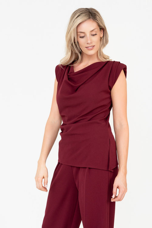 Carraig Donn Burgundy Scuba Asymmetric Cowl Neck Sleeveless Top