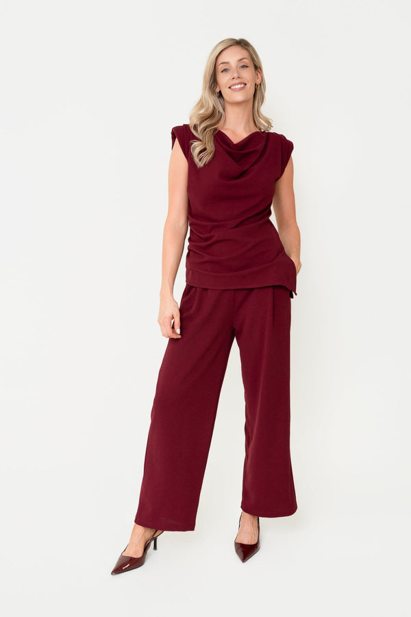 Carraig Donn Burgundy Scuba Asymmetric Cowl Neck Sleeveless Top