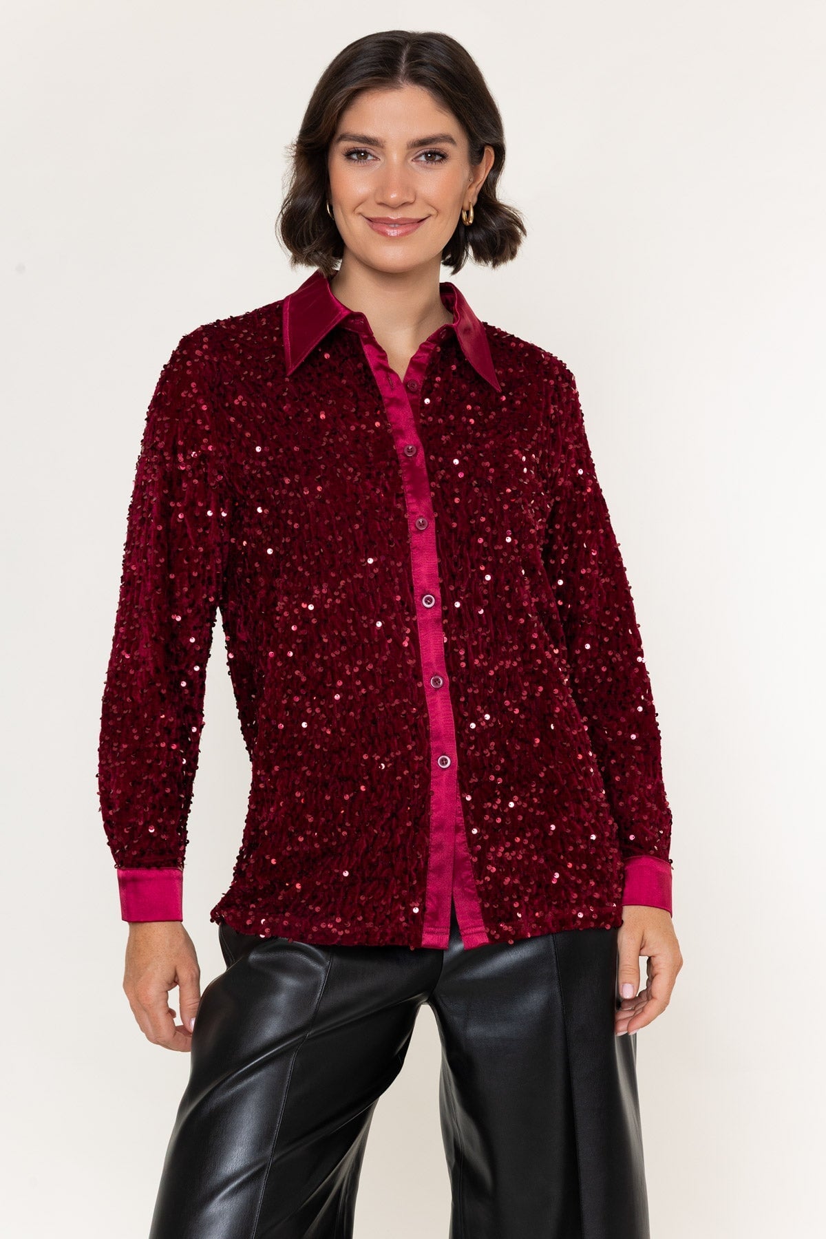 Burgundy Sequin And Satin Trim Long Sleeve Shirt