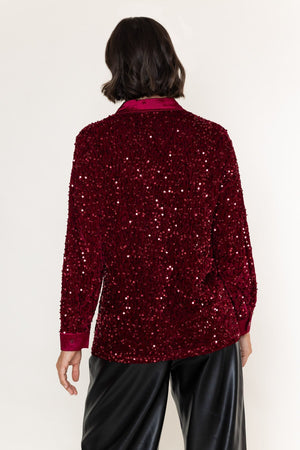Carraig Donn Burgundy Sequin And Satin Trim Long Sleeve Shirt