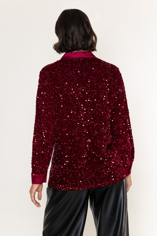 Carraig Donn Burgundy Sequin And Satin Trim Long Sleeve Shirt