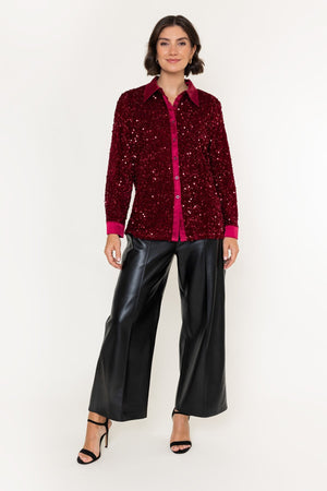 Carraig Donn Burgundy Sequin And Satin Trim Long Sleeve Shirt