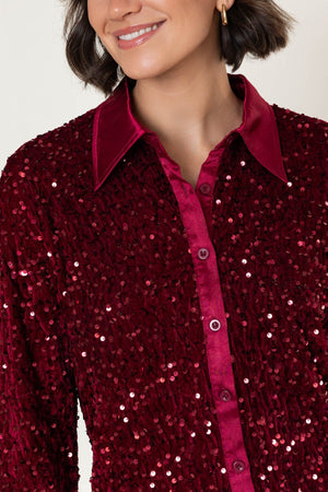 Carraig Donn Burgundy Sequin And Satin Trim Long Sleeve Shirt