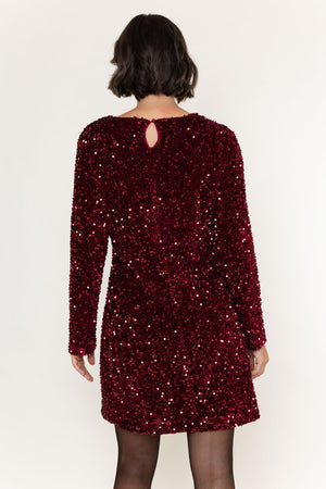 Carraig Donn Burgundy Sequin Velvet Shift Long Sleeve Mini Dress