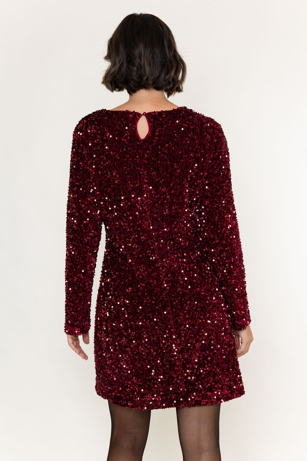 Carraig Donn Burgundy Sequin Velvet Shift Long Sleeve Mini Dress