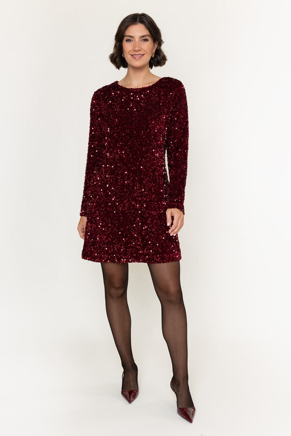 Carraig Donn Burgundy Sequin Velvet Shift Long Sleeve Mini Dress