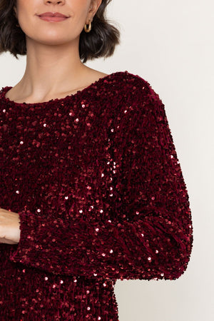 Carraig Donn Burgundy Sequin Velvet Shift Long Sleeve Mini Dress