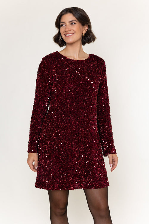 Burgundy Sequin Velvet Shift Long Sleeve Mini Dress