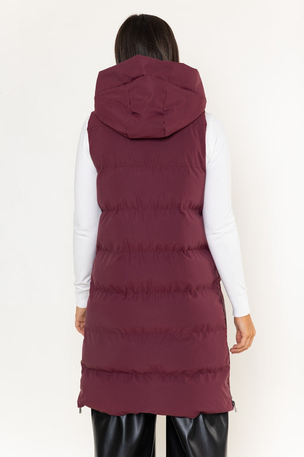 Carraig Donn Burgundy Shell Longline Quilted Hooded Gilet
