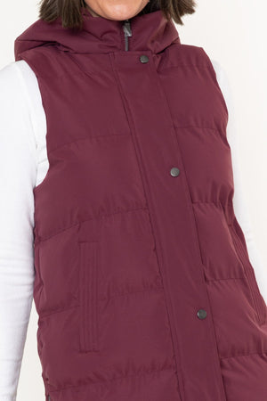 Carraig Donn Burgundy Shell Longline Quilted Hooded Gilet