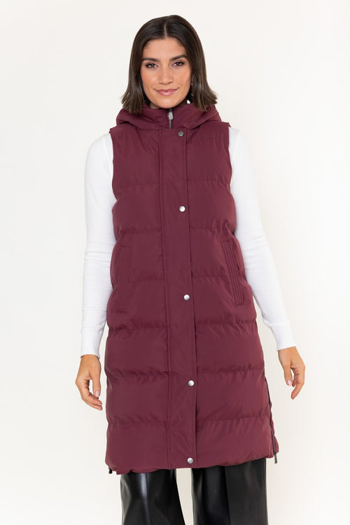 Burgundy Shell Longline Quilted Hooded Gilet