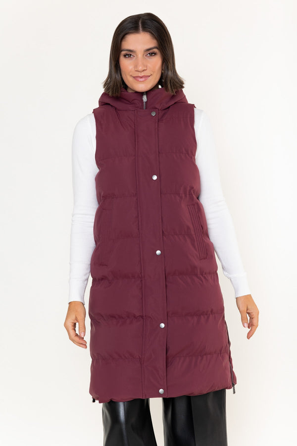Carraig Donn Burgundy Shell Longline Quilted Hooded Gilet