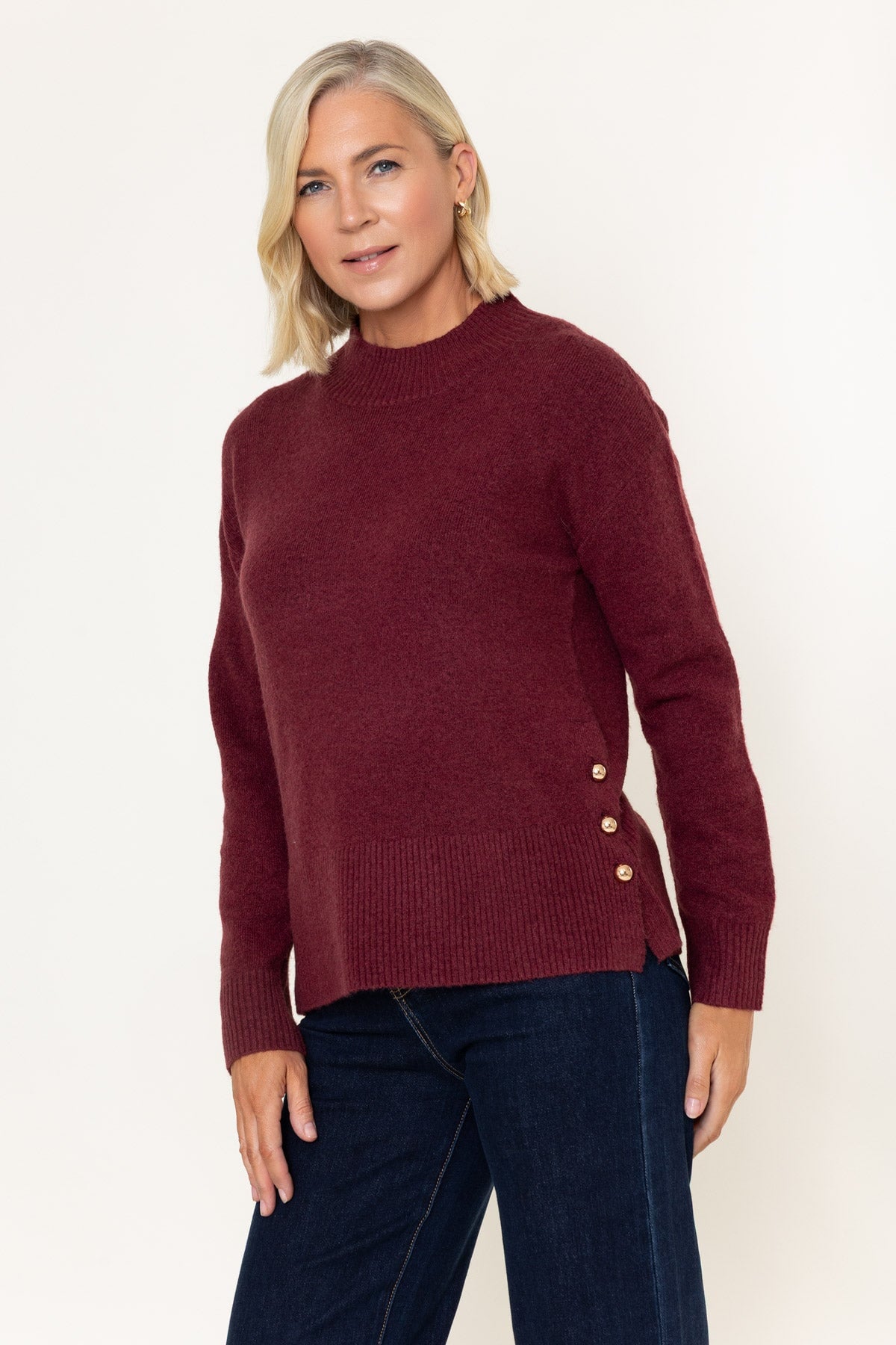 Burgundy Soft Touch Knit Side Button Detail Jumper