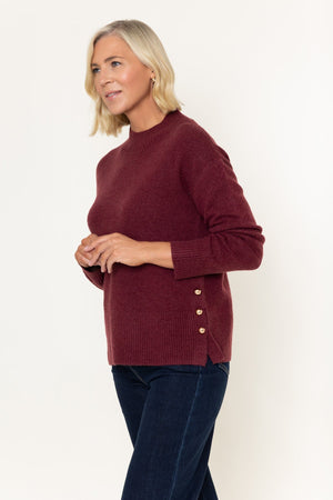 Carraig Donn Burgundy Soft Touch Knit Side Button Detail Jumper