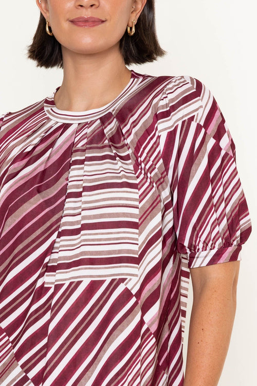 Carraig Donn Burgundy Stripe Print Round Neck Balloon Short Sleeve Top