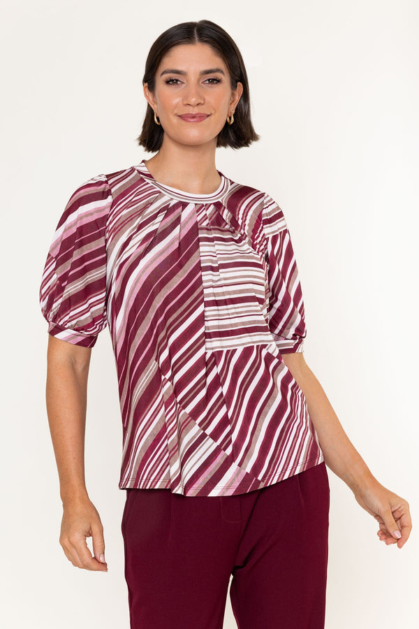 Carraig Donn Burgundy Stripe Print Round Neck Balloon Short Sleeve Top