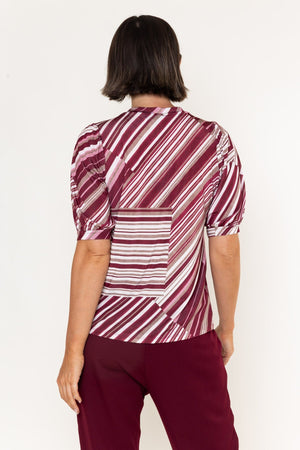 Carraig Donn Burgundy Stripe Print Round Neck Balloon Short Sleeve Top