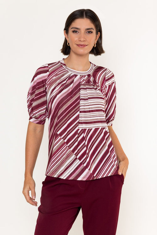 Burgundy Stripe Print Round Neck Balloon Short Sleeve Top