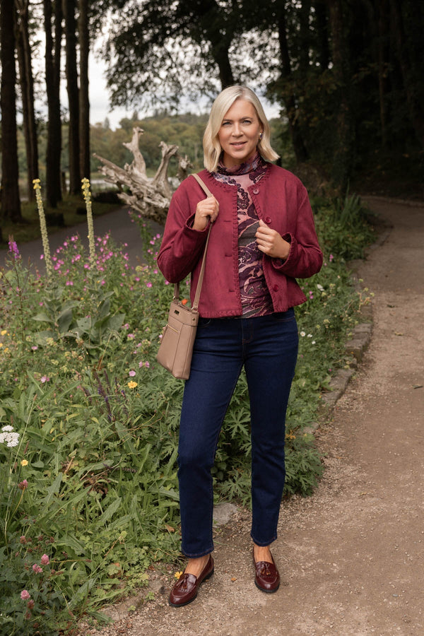 Carraig Donn Burgundy Suede Edge Detail Button Down Pocket Cropped Jacket