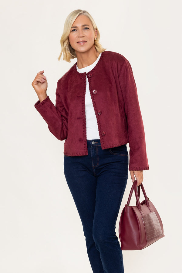 Carraig Donn Burgundy Suede Edge Detail Button Down Pocket Cropped Jacket