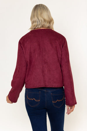 Carraig Donn Burgundy Suede Edge Detail Button Down Pocket Cropped Jacket