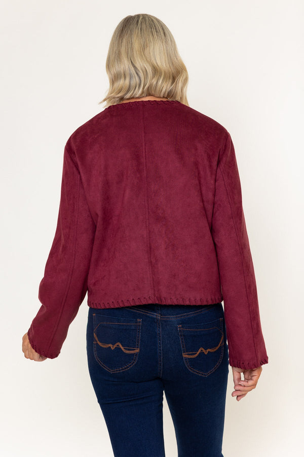 Carraig Donn Burgundy Suede Edge Detail Button Down Pocket Cropped Jacket