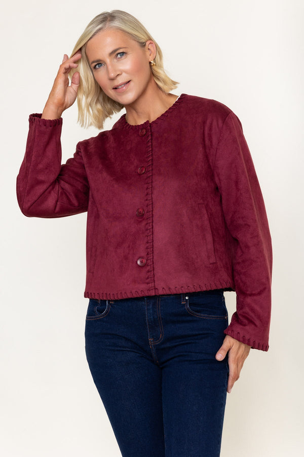 Carraig Donn Burgundy Suede Edge Detail Button Down Pocket Cropped Jacket