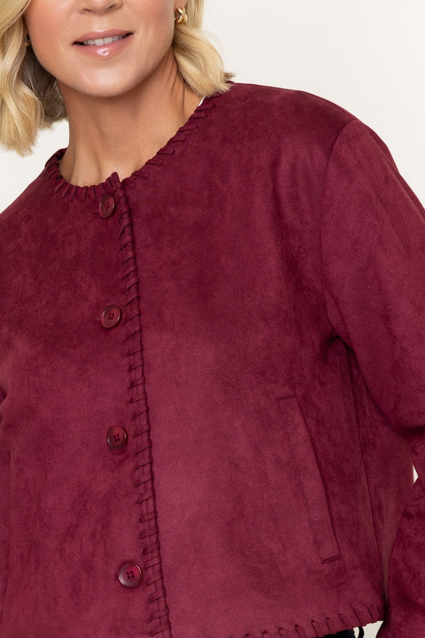 Carraig Donn Burgundy Suede Edge Detail Button Down Pocket Cropped Jacket