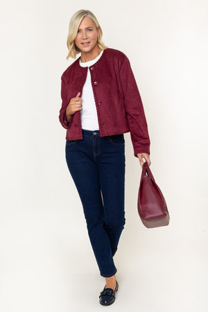 Carraig Donn Burgundy Suede Edge Detail Button Down Pocket Cropped Jacket