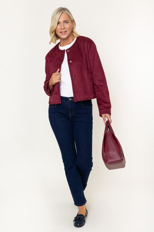 Carraig Donn Burgundy Suede Edge Detail Button Down Pocket Cropped Jacket
