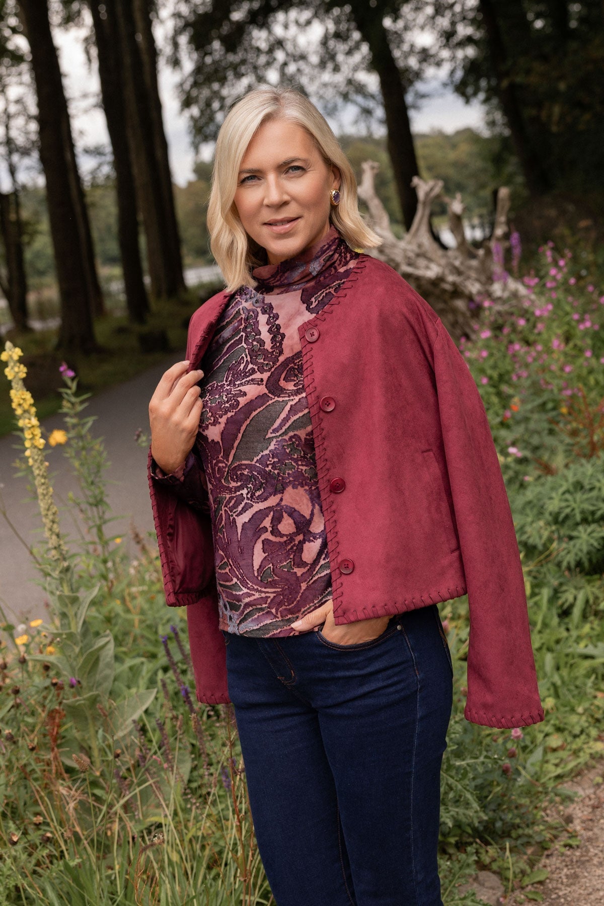 Burgundy Suede Edge Detail Button Down Pocket Cropped Jacket
