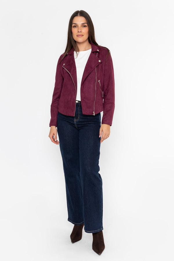 Carraig Donn Burgundy Suedette Regular Fit Biker Asymmetric Zip Long Sleeve Jacket