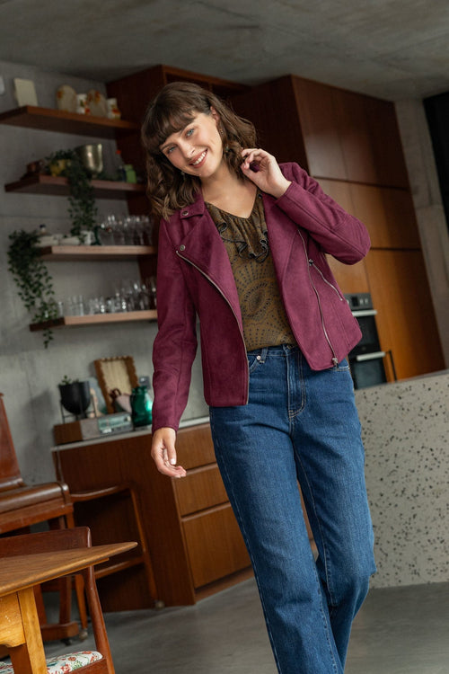 Burgundy Suedette Regular Fit Biker Asymmetric Zip Long Sleeve Jacket