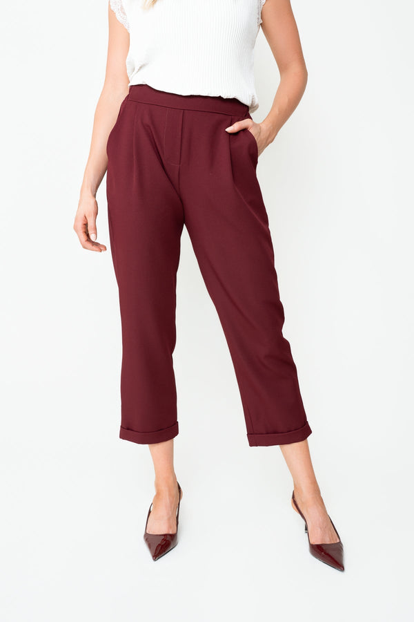 Carraig Donn Burgundy Textured High Waisted Cropped Slim Trousers