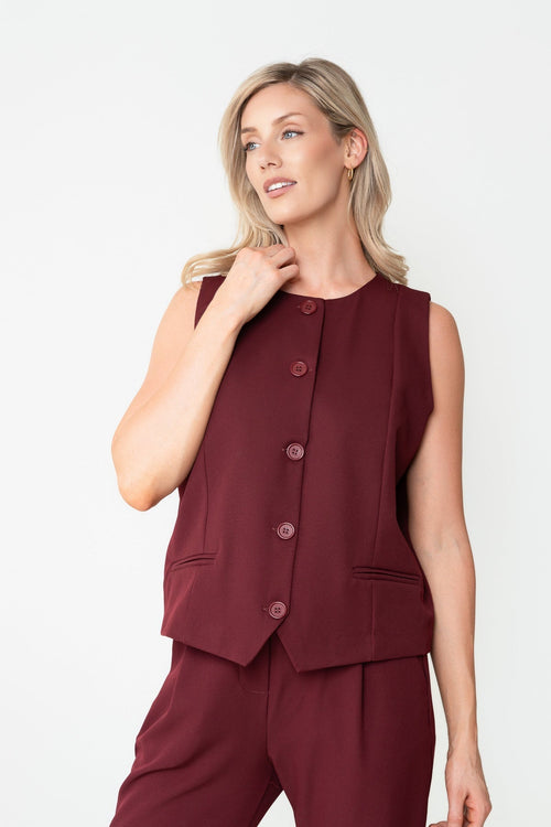 Burgundy Textured Round Neck Button Front Waistcoat