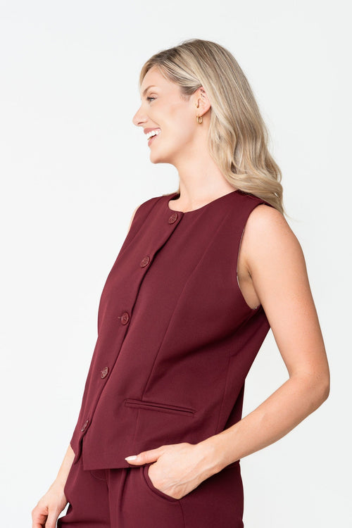Carraig Donn Burgundy Textured Round Neck Button Front Waistcoat