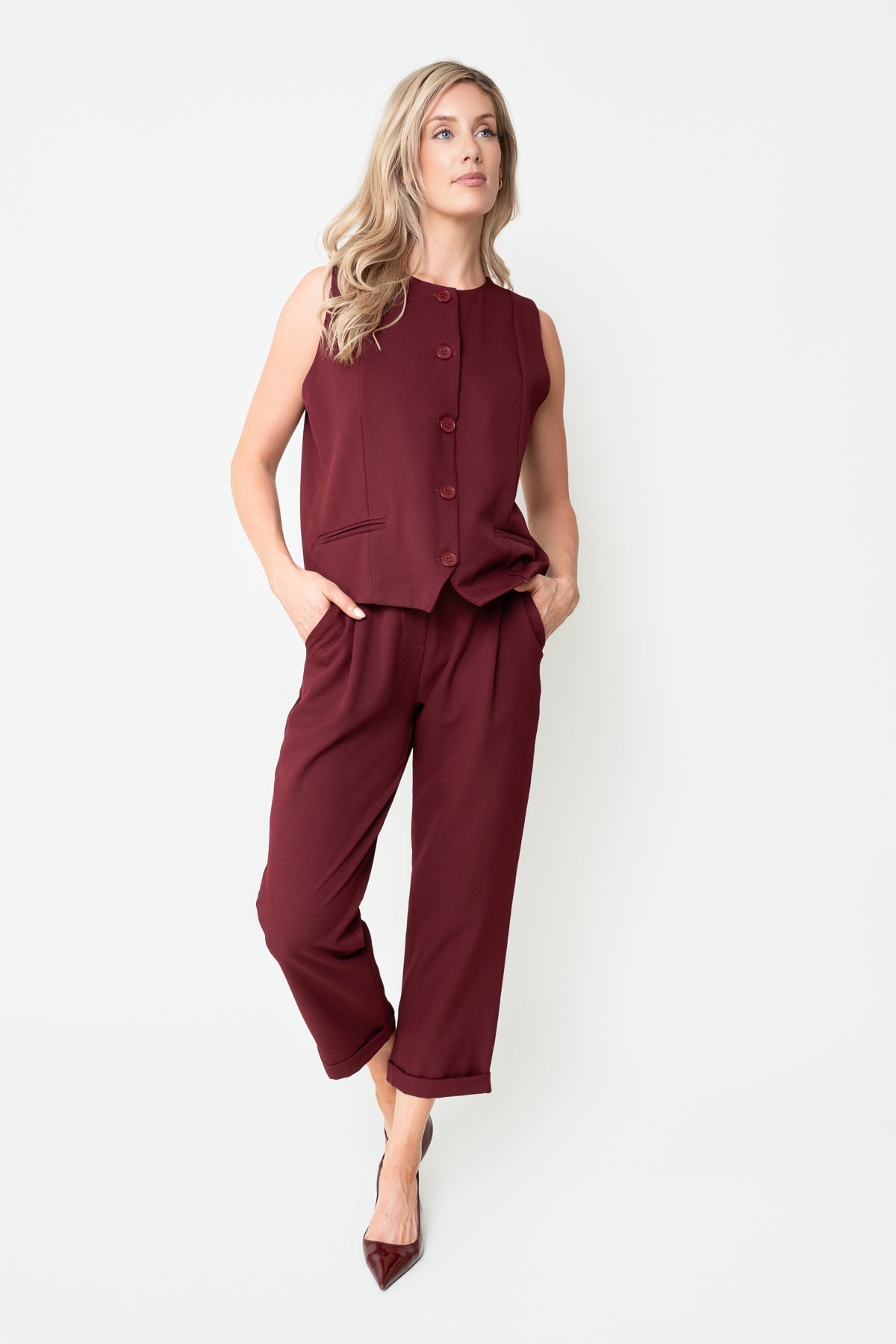 Burgundy Textured High Waisted Cropped Slim Trousers