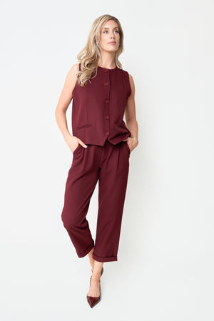 Carraig Donn Burgundy Textured Round Neck Button Front Waistcoat