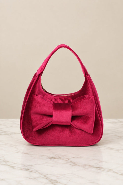 Burgundy Velvet Bow Detail Mini Hobo Bag
