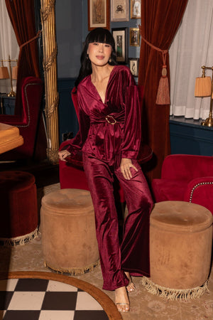 Carraig Donn Burgundy Velvet High Waisted Wide Leg Trousers