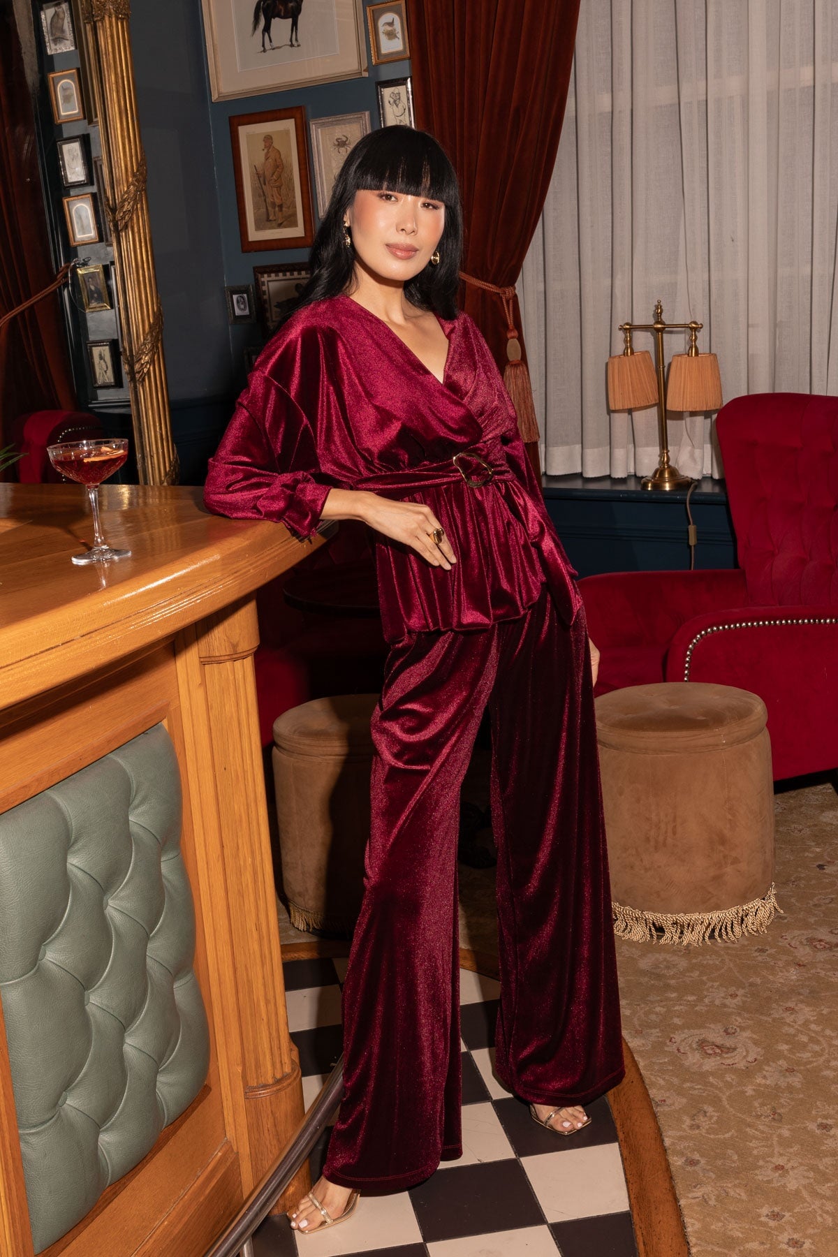 Burgundy Velvet High Waisted Wide Leg Trousers