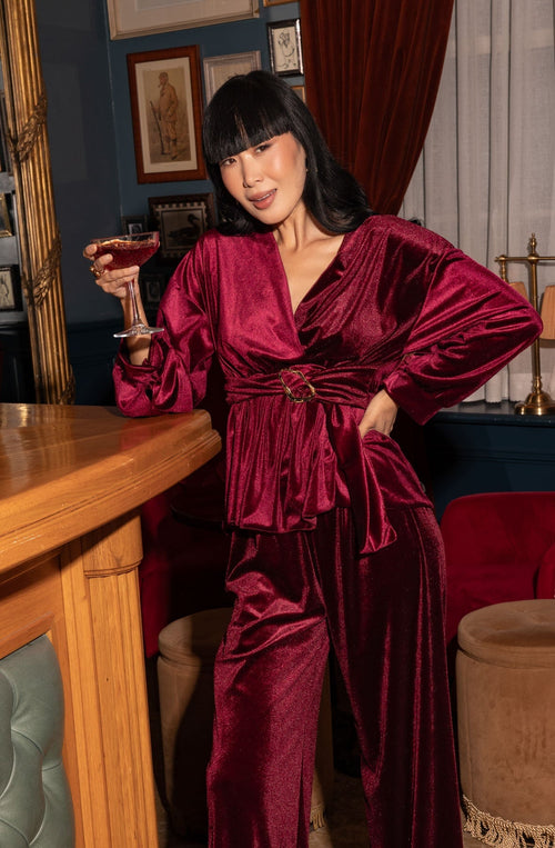 Burgundy Velvet Peplum Long Sleeve Top