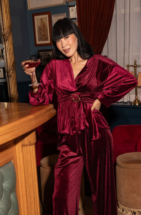 Carraig Donn Burgundy Velvet Peplum Long Sleeve Top