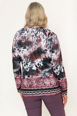 Carraig Donn Burgundy Viscose Blend Abstract Print Placket Long Sleeve Top