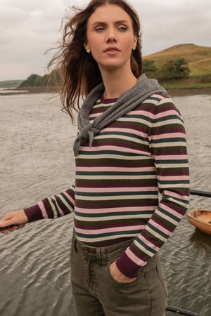 Carraig Donn Burgundy Viscose Blend Regular Fit Striped Long Sleeve Jumper